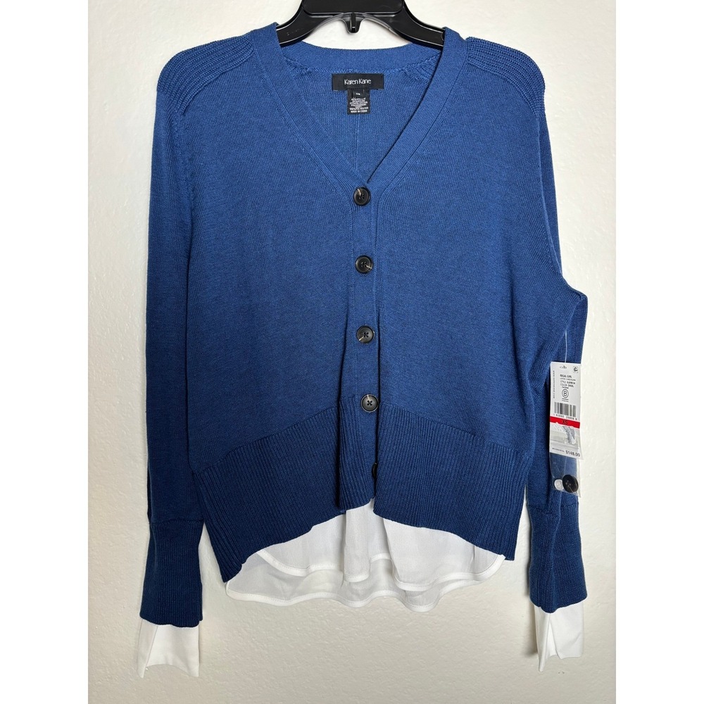 NWT Karen Kane Layered Sweater Cardigan Cashmere Blend Blue White Shirt Hem XS - Picture 2 of 6